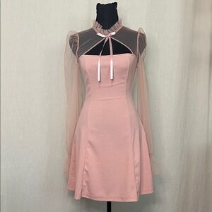 SHEIN Romantic Pink Puff Sleeve Dress – Sheer Detail & Ruffle Neckline size XS